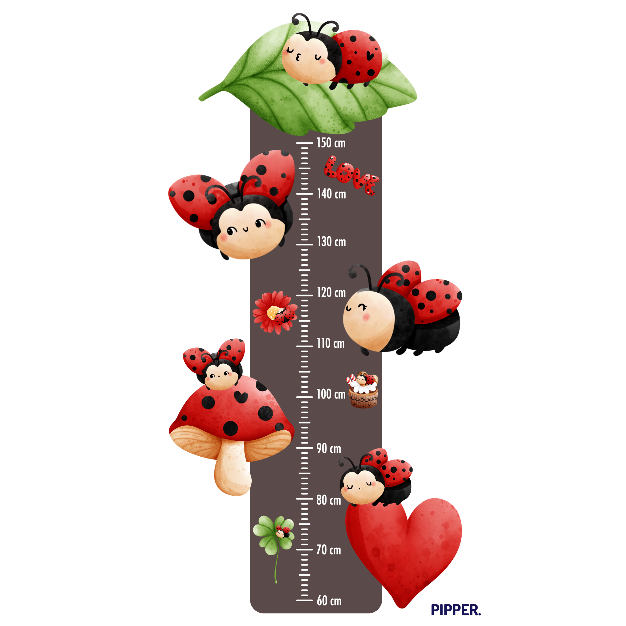 Textilná nálepka na stenu - Detský meter - Lienky